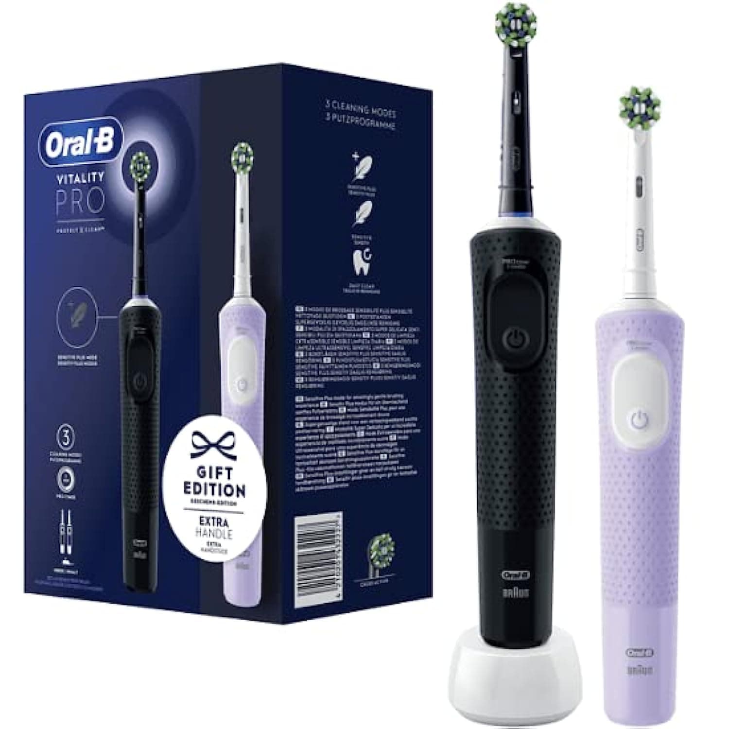 Oral-B Vitality Pro Lot de 2 brosses à dents électriques avec 2 brosses de rechange, 3 modes de nettoyage pour soins dentaires, cadeau pour homme/femme, conçu par Braun, noir/violet - Image 10