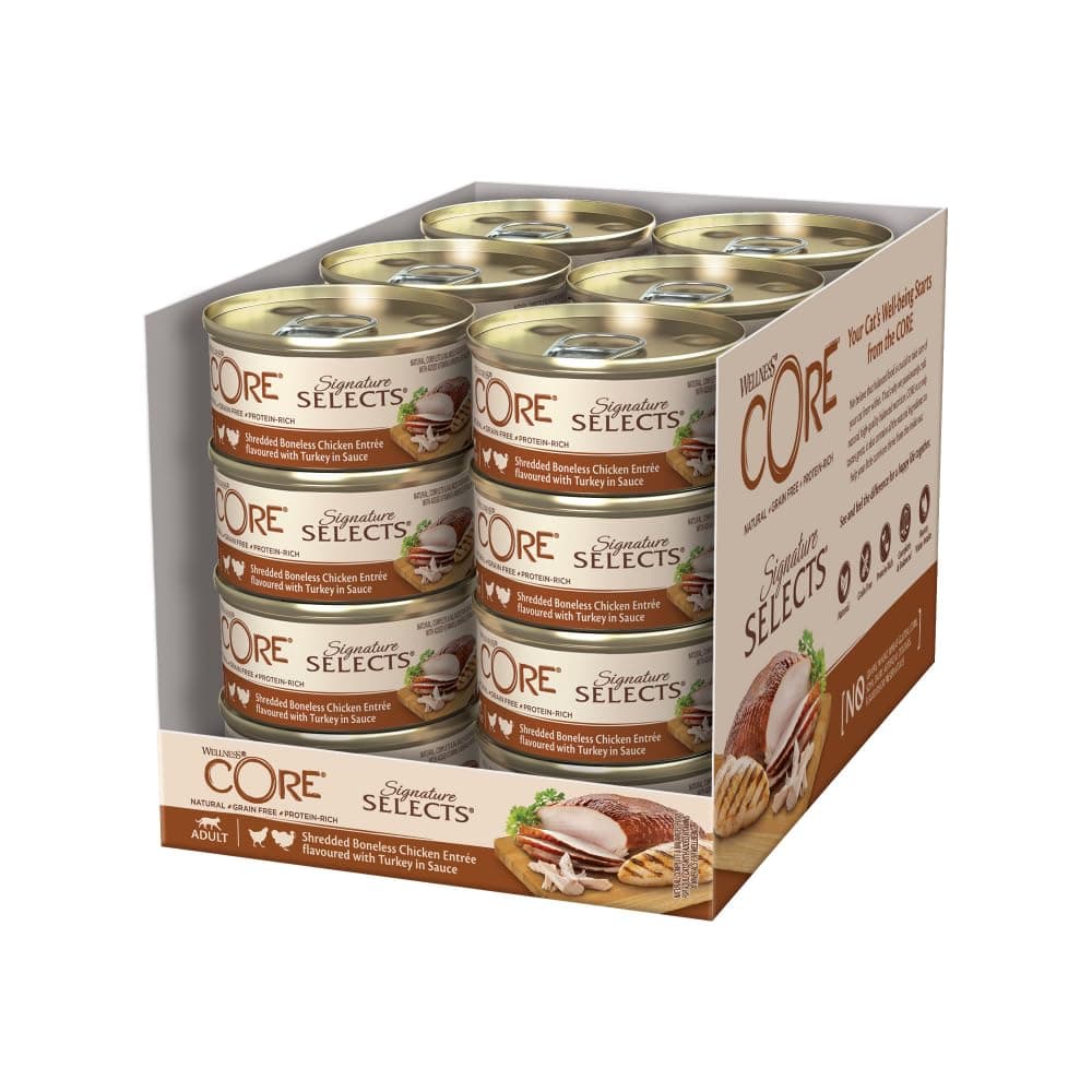 Wellness CORE Signature Selects 24 x 79 g, Chicken/Turkey - Shredded in Sauce for Adult Cats, Cereal Free, Natural, Hypoallergenic, High Protein, High Meat Content,