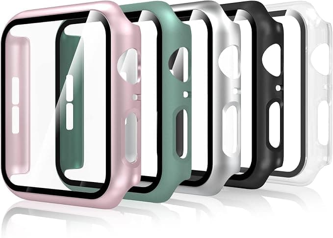 5-Piece Case Compatible with Apple Watch Series 6/5/4 SE/SE2/SE3 44 mm, Full Protection Tempered Screen Protector, Anti-Scratch, Transparent, Black, Silver, Pink, Official - Image 1