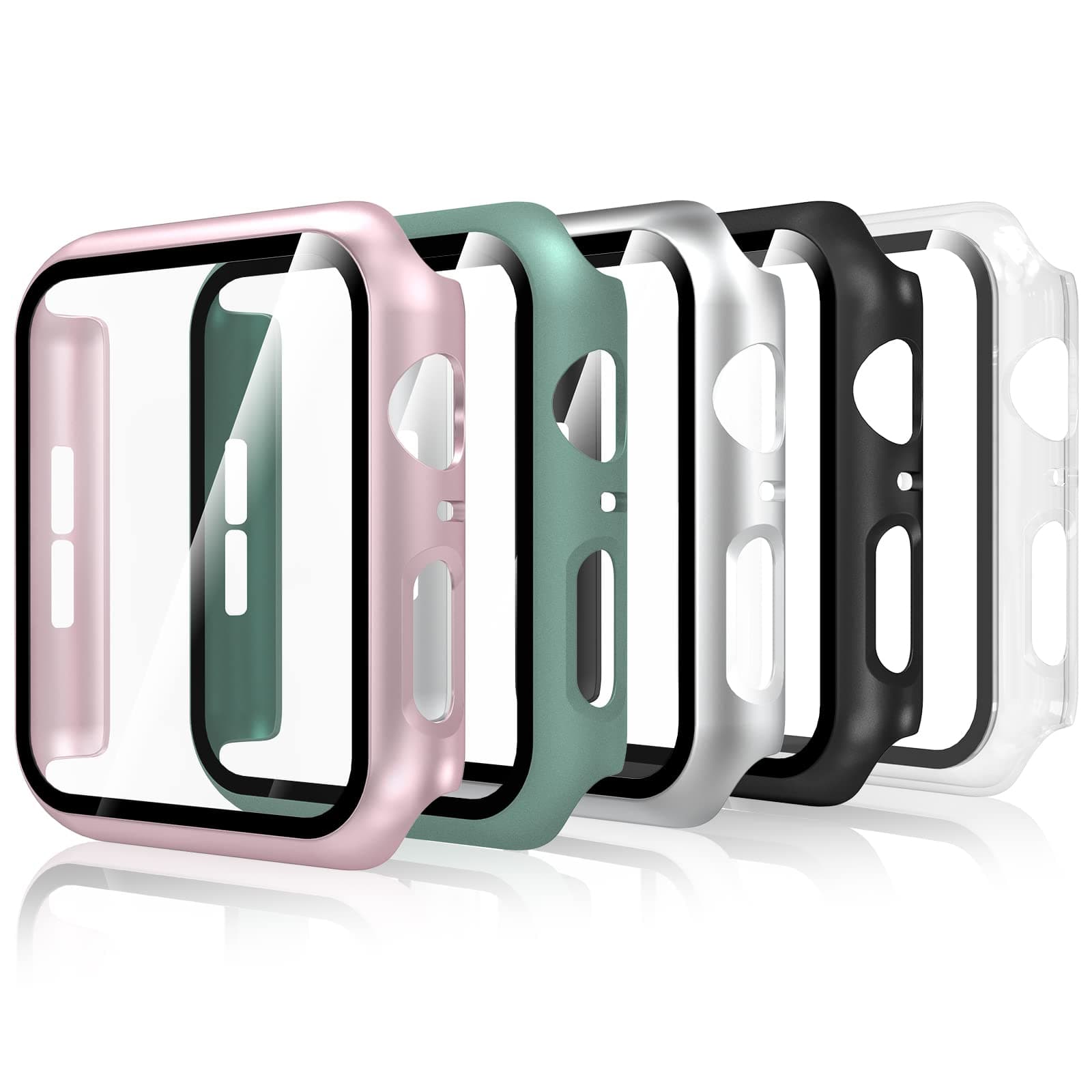 5 Piece Case Compatible with Apple Watch Series 6/5/4 SE/SE2/SE3 40 mm, Full Protection Tempered Screen Protector, Anti-Scratch, Transparent, Black, Silver, Pink, Official - Image 1