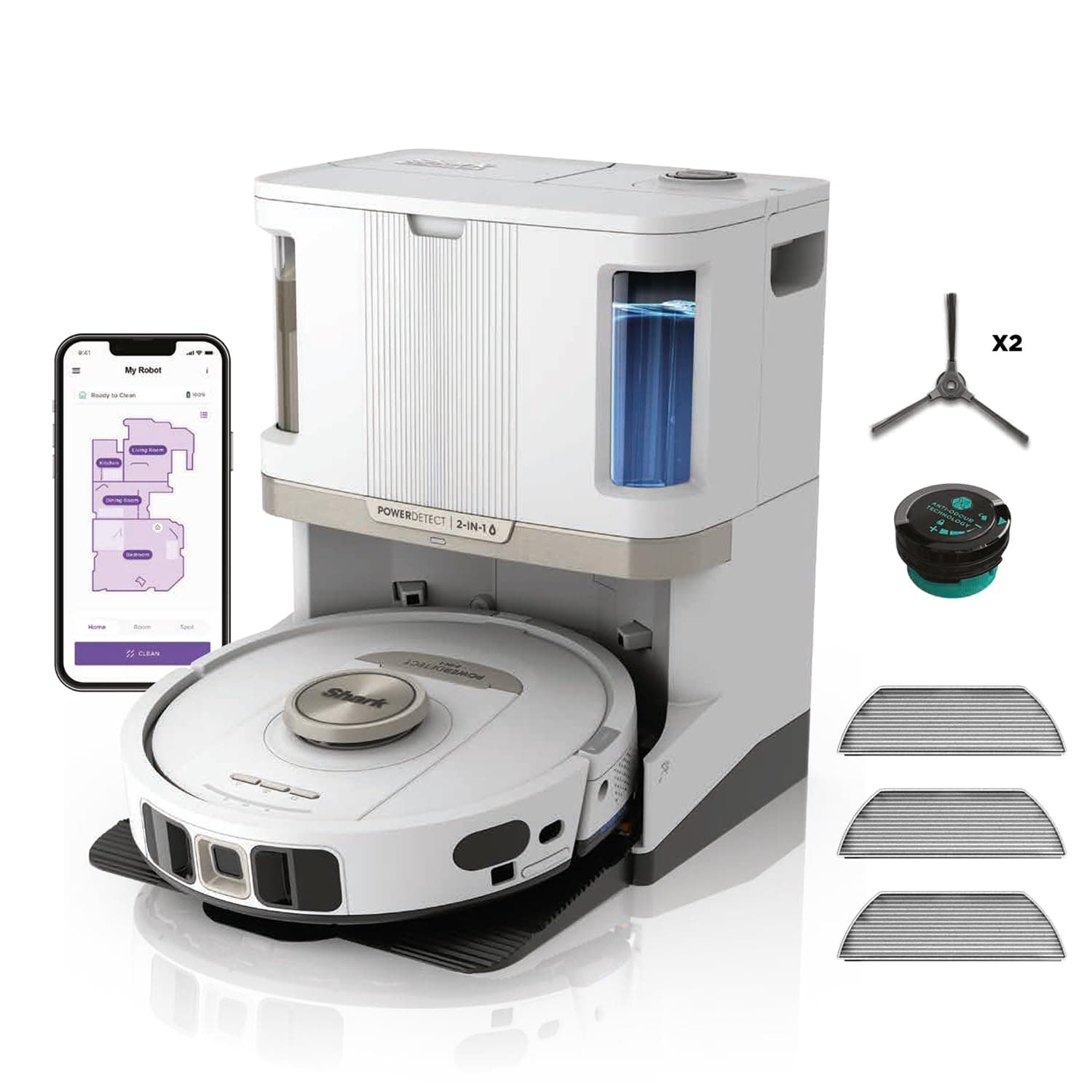 Shark PowerDetect Robot Washer Vacuum Cleaner - 60 Day Self-emptying Base Cleaner - 3D Navigation LiDAR - WiFi/App - 1 Anti-Odor Cartridge, 3 Standard Pads and 1 Anti-Microbial, 1 Brush - White
