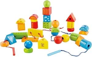 Hape Stringing Shapes, Set of 32 Stringing Wooden Beads, Multi-Colour