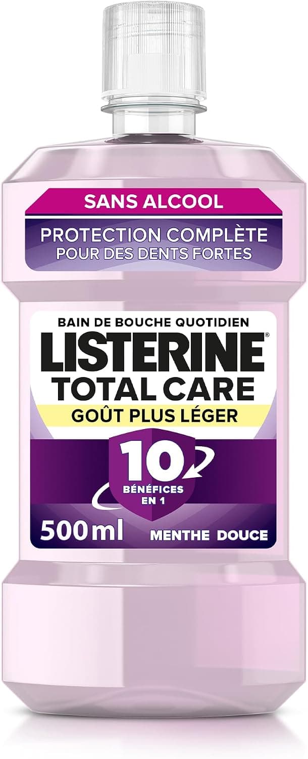 Listerine – Bain de Bouche Total Care Goût Plus Léger 0% alcool (bouteille de 500 ml) – Soin bucco-dentaire 10 bénéfices en 1 – Bain de bouche sans alcool pour une haleine fraîche durable
