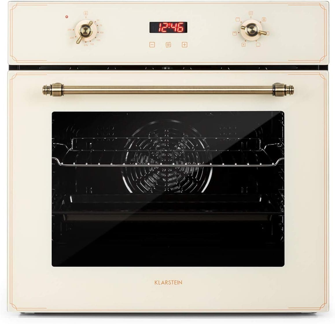 KLARSTEIN Elizabeth - Four électrique encastrable, style rétro, 70L, CEE A, indépendant, convection/chaleur voûte/sole/gril, 2200W, 50-250 °C, bouton rotatif et poignée aspect laiton - crème