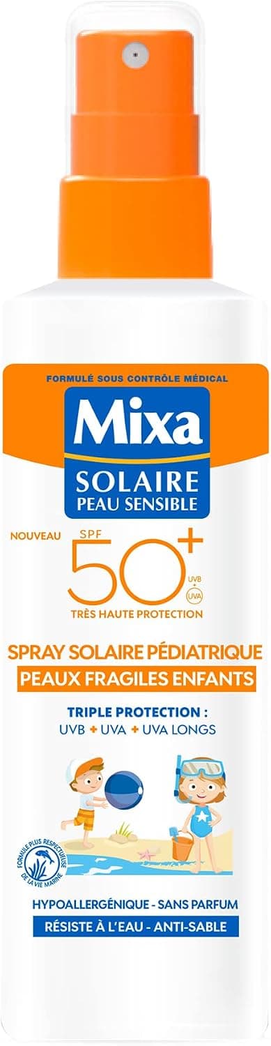 Mixa - Spray Solaire Pédiatrique SPF50+ Peaux Fragiles Enfants - Hypoallergénique, sans parfum, triple protection UVA, UVB, UVA longs - Image 1