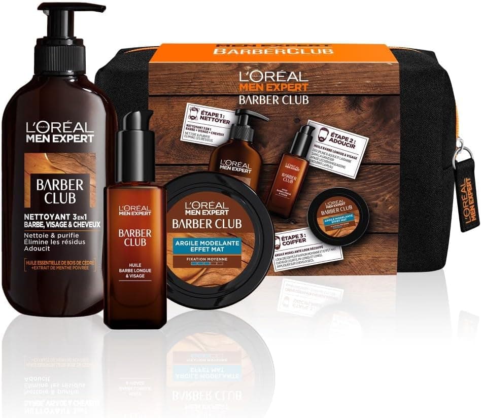 L'Oréal Men Expert L'Oréal Men Expert BarberClub Beard + Face + Hair Kit for Men - 3-in-1 Cleanser + Long Beard Oil + Styling Cream - Cedarwood Essential Oil - Set of 3 Products