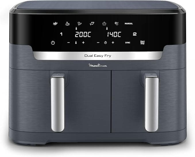 Moulinex air fryer two compartments, very large capacity 11L, 10 people, 7 automatic programs, oil-free fryer, digital touch screen, dual stainless steel, EZ942BF0, dark grey