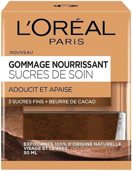 L'Oréal Paris – Nourishing Face & Lip Scrub - Exfoliating, Softening & Soothing - With 3 Fine Sugars & Cocoa Butter - All Skin Types - Care Sugars - 50 ml - Image 1