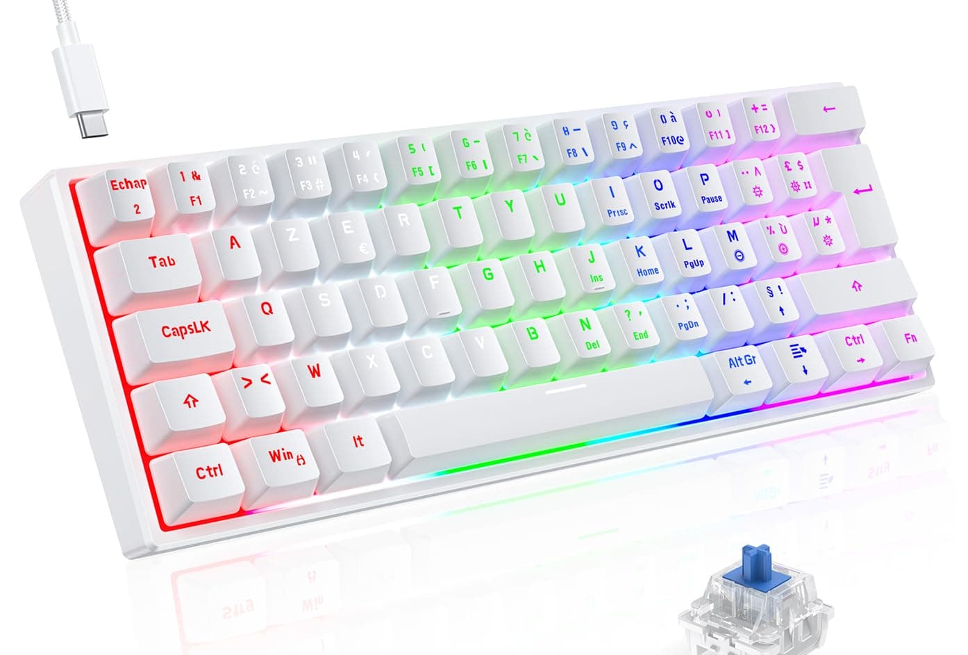 TECURS TECURS AZERTY Mechanical Gaming Keyboard, Wired Gaming Keyboard, 60% Mini LED Backlit Keyboard, Anti-Ghosting, Blue Switches for PC/Windows/PS4/PS5, White