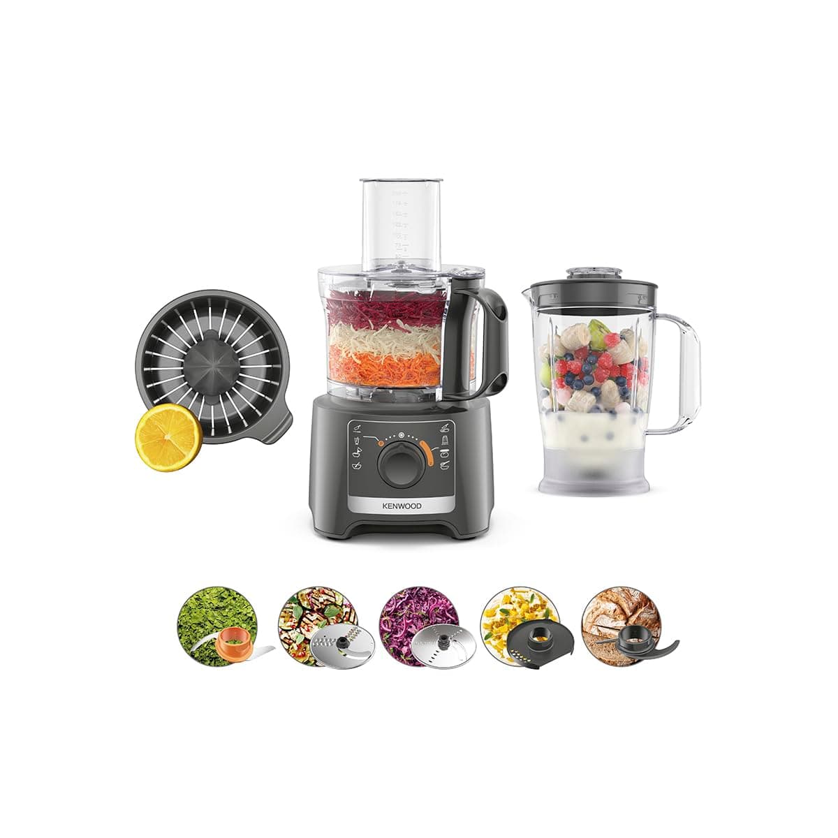 Kenwood MultiPro Compact FDP31.360GY, Food Processor, Kneading and Slicing Disc, Citrus Press, Blender 1.2L, 2 Speeds + Pulse, Bowl 2.1L, 800W, Grey - Image 1