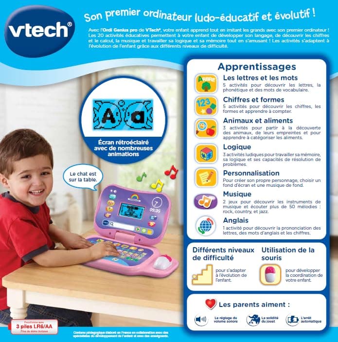 VTech - Ordi Genius Pro Pink, Children's Laptop with Backlit Screen, Mouse, 20 Evolutionary Games, Educational Toy, Gift for Children from 3 to 7 Years - Content in French and English - Image 6