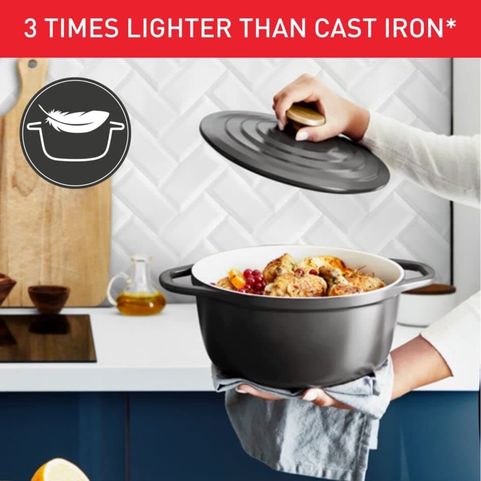 Tefal Air E2554604 Round Casserole Dish 24 cm, Capacity 4.7 L, Cast Aluminium, Safe Ceramic Coating, Condensing Lid, Oven and Induction Friendly, Grey - Image 4