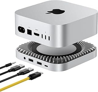 MAC Hub en Aluminium et Stand pour Le Nouveau M4 / M4 Pro Mac Mini (2024) avec 40 Gops NVME/M.2 SSD Enceinte, 2X USB-A, hôte USB-C, Audio 3,5 mm - Compatible avec Tous Les Nouveaux Mac Mini M4 / M4 Pro