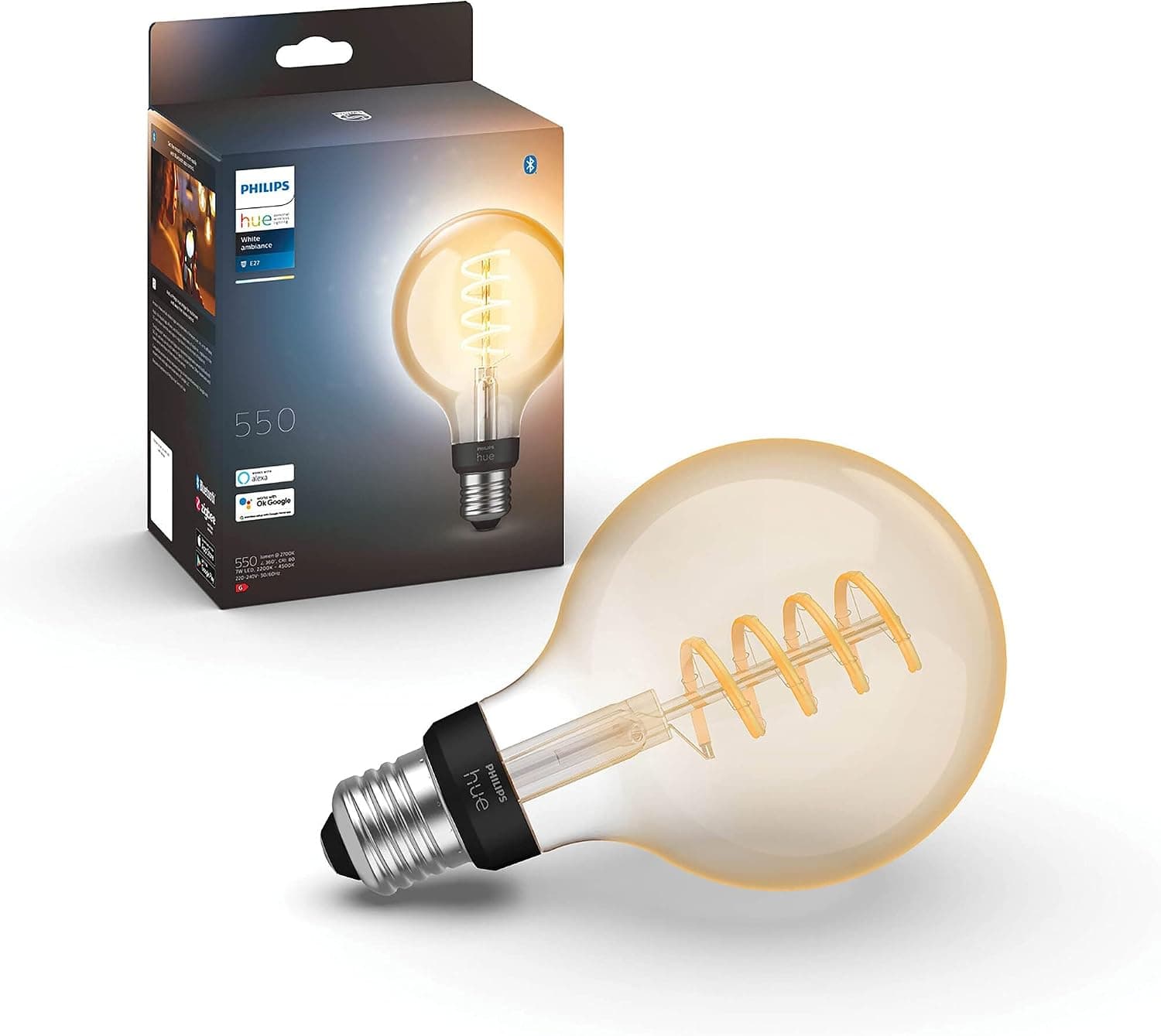 Philips Hue Philips Hue White Ambiance Smart LED Bulb E27 Filament G93 Globe Bluetooth Compatible with Alexa, Google Assistant and Apple Homekit