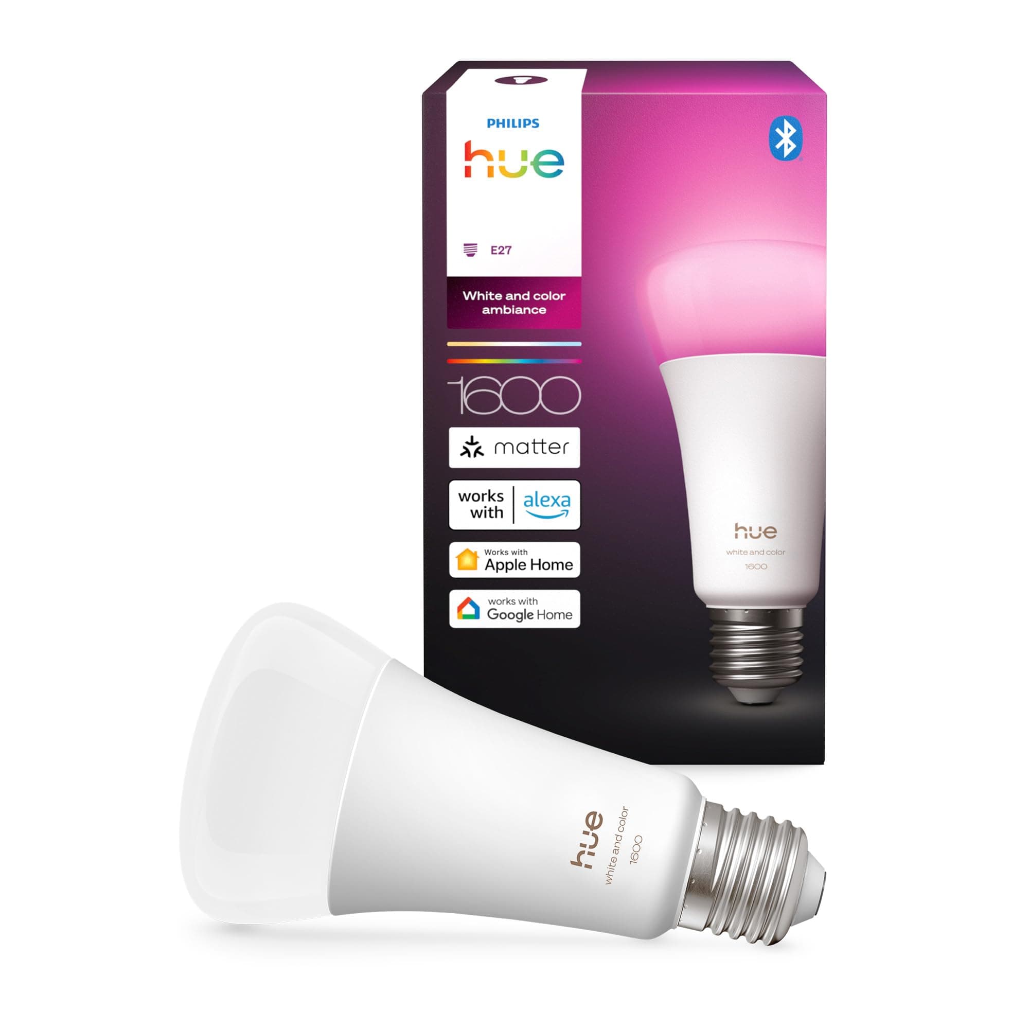 Philips Hue A67 Smart LED Bulb, White and Color, E27 Base, 11.8W, Full Spectrum 1000-2000K, 1600 Lumens, Dimmable, Compatible with Alexa, Google Assistant and Apple Home, 1-Pack - Image 1