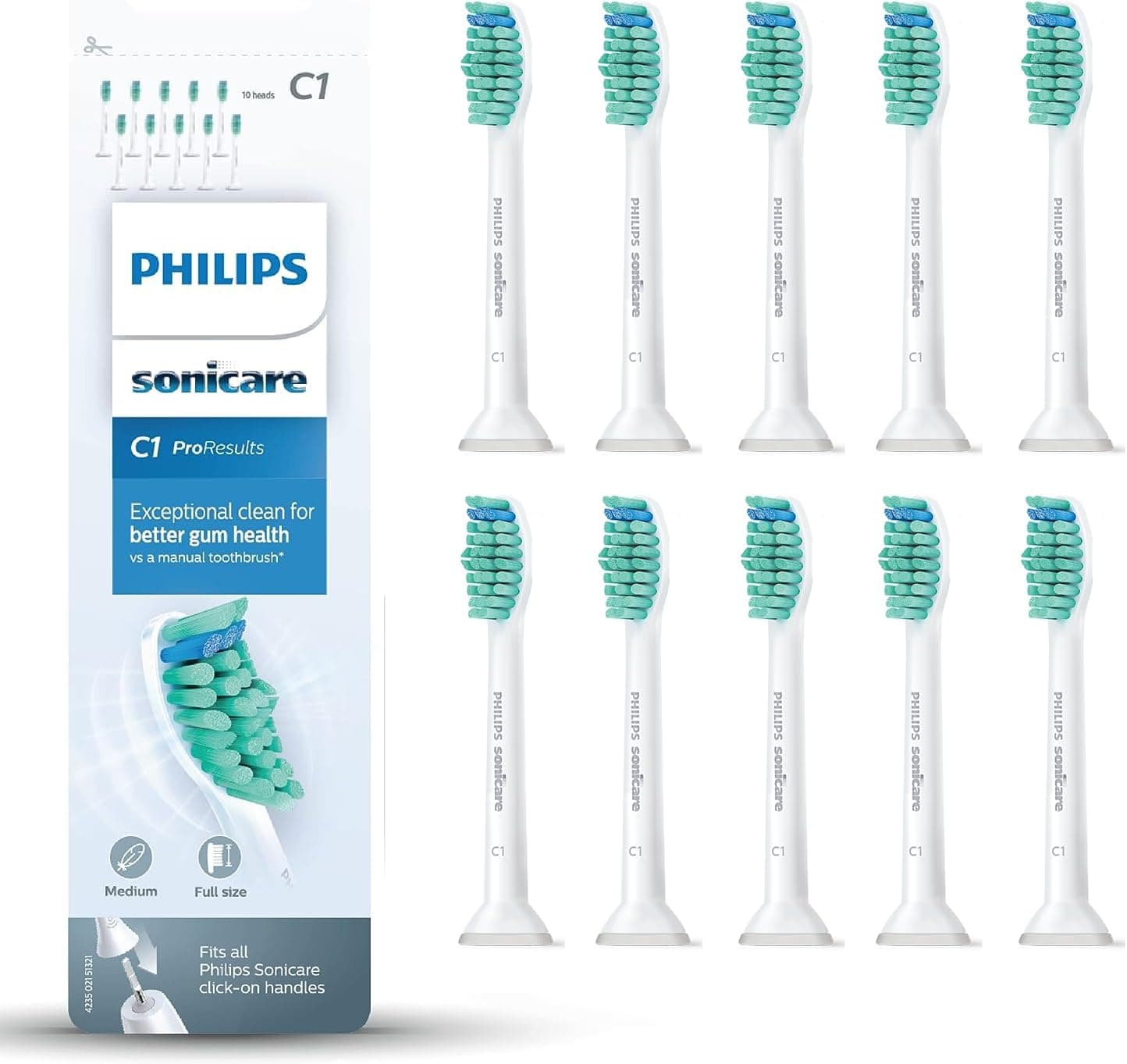 Philips Philips Sonicare, Têtes de brosses à dents électriques soniques ProResults Standard, Blanc, Lot de 10, modèle HX6010/32