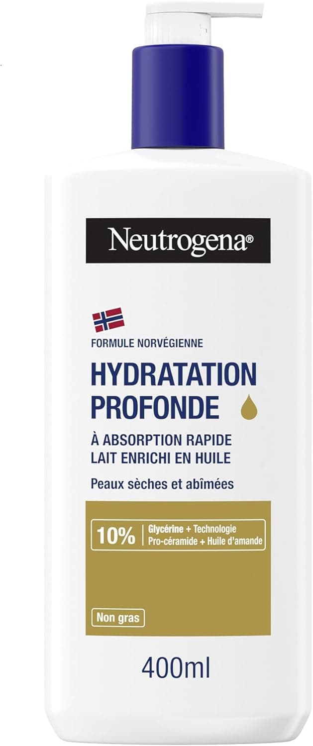 Neutrogena – Lait corps Formule Norvégienne Hydratation Profonde (flacon-pompe de 400 ml) – Lait à absorption rapide pour peaux sèches et abîmées – Lait hydratant enrichi en huile