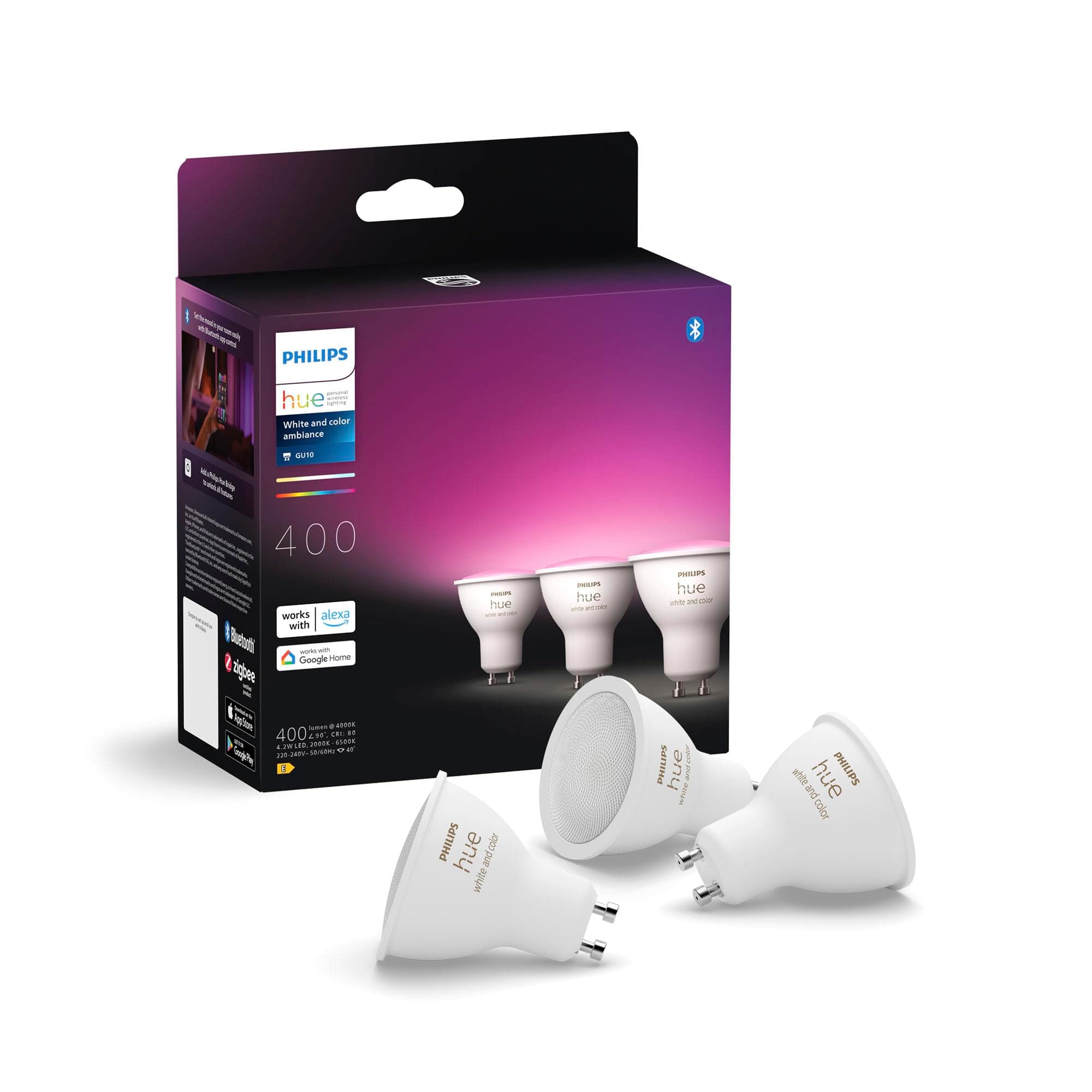 Philips Hue White and Color Ambiance Ampoule LED connectée Pack de 3, culot GU10, 400 lumens, Compatible Bluetooth. Fonctionne avec Alexa, Google Assistant et Apple HomeKit - Image 4