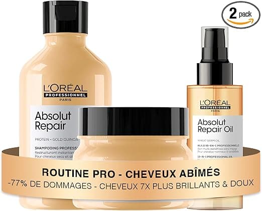 L'Oreal Professionnel Absolut Repair Routine for Damaged Hair 77% Less Damage 7X Brillier & Soft Hair Light Touch Shampoo (300 ml) + Mask (250 ml) + Oil (90 ml)
