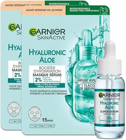 Garnier Garnier - Hydrating and plumping routine enriched with Hyaluronic Acid & Aloe Vera - Hyaluronic Aloe Plumping Gel Serum + Hydration Booster Tissue Mask - For Dry and Sensitive Skin