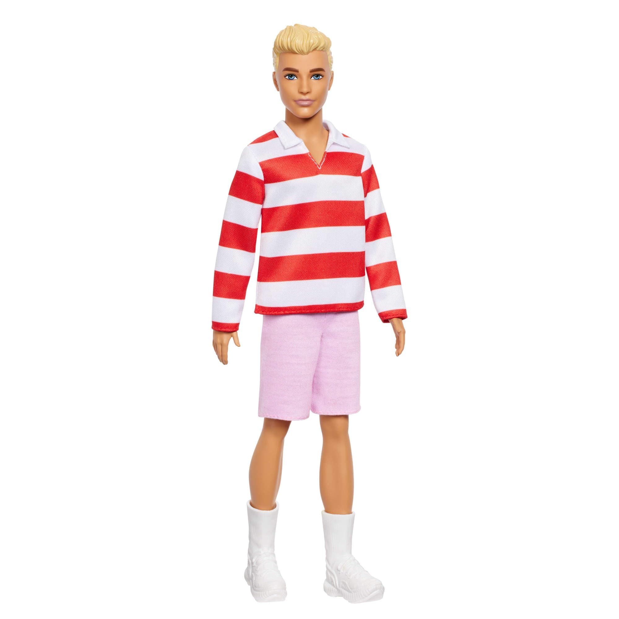 Barbie Barbie Ken Fashionistas Doll with Blonde Hair, Wearing Red and White Striped Polo Shirt with Pink Shorts, White Sports Socks and Sneakers, HYV01