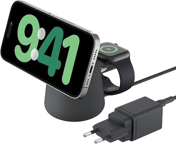 Belkin BoostCharge Pro 2-in-1 Charging Station with Qi2, 15W, MagSafe Compatible, for iPhone 17, iPhone Air, Pixelsnap, Apple Watch, AirPods, AC Adapter Included - Black
