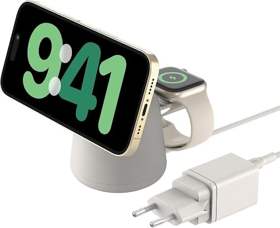 Belkin BoostCharge Pro 2-in-1 Charging Station with Qi2, 15W, MagSafe Compatible, for iPhone 17, iPhone Air, Pixelsnap, Apple Watch, AirPods, AC Adapter Included - Beige - Image 1