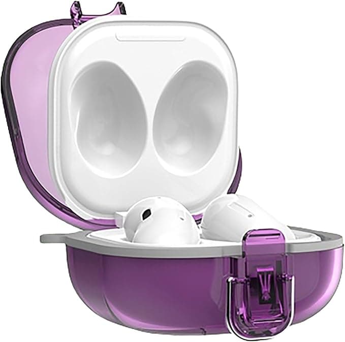 GIOPUEY Hard Case Compatible with Samsung Galaxy Buds FE/Buds Pro/Buds Live/Buds 2/Buds 2 Pro, Clear PC Case with Locking Lid and Hook Keychain - Purple