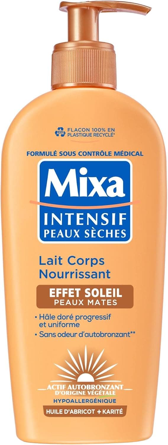 Mixa Intensif Peaux Sèches - Lait Corps Nourrissant Effet Soleil - Autobronzant - Hâle Doré Naturel Progressif et Uniforme - Peaux Mates - Hypoallergénique - 250ml