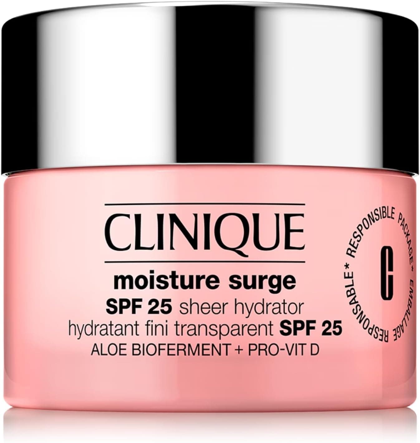 Clinique Moisture Surge Hydratant Fini Transparent SPF 25. Acide Hyaluronique + Bio-Ferment d'Aloe Vera + Provitamine D. Hydratant + Éclat. Convient aux peaux sensibles.