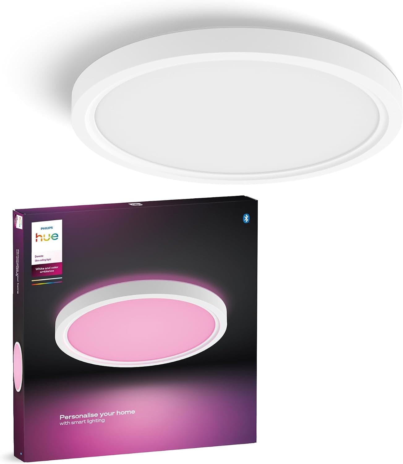 Philips Hue Devote Connected LED Panel, White and Color Ambiance, Round 30 cm, 16.6 W, 2000 Lumens, White Frame for Indoor Lighting, Ceiling, Living Room, Kitchen, Hallway - Image 1