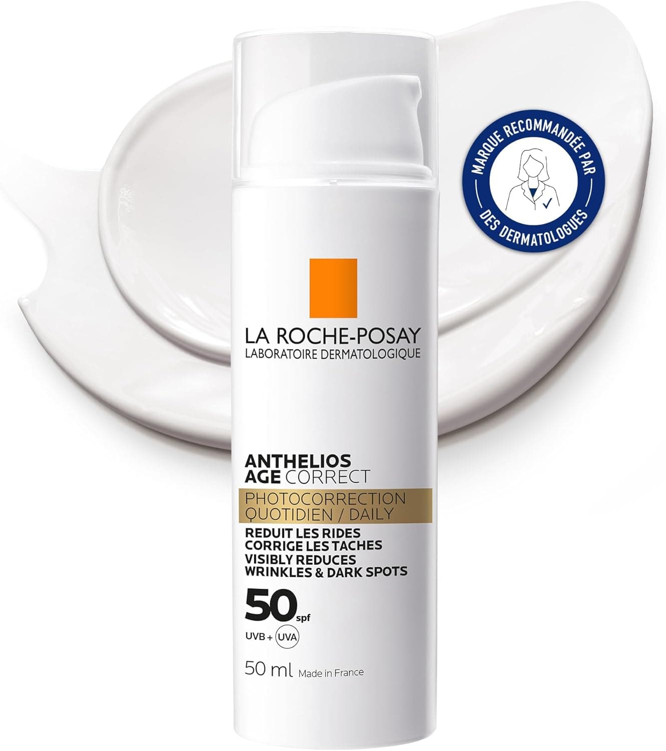 La Roche-Posay - Anthelios Age Correct - Crème Solaire Spf 50 - Soin Visage Anti-rides et Anti-taches Sans Parfum - Enrichi en Acide Hyaluronique - Haute Protection Solaire Contre les UVA/UVB