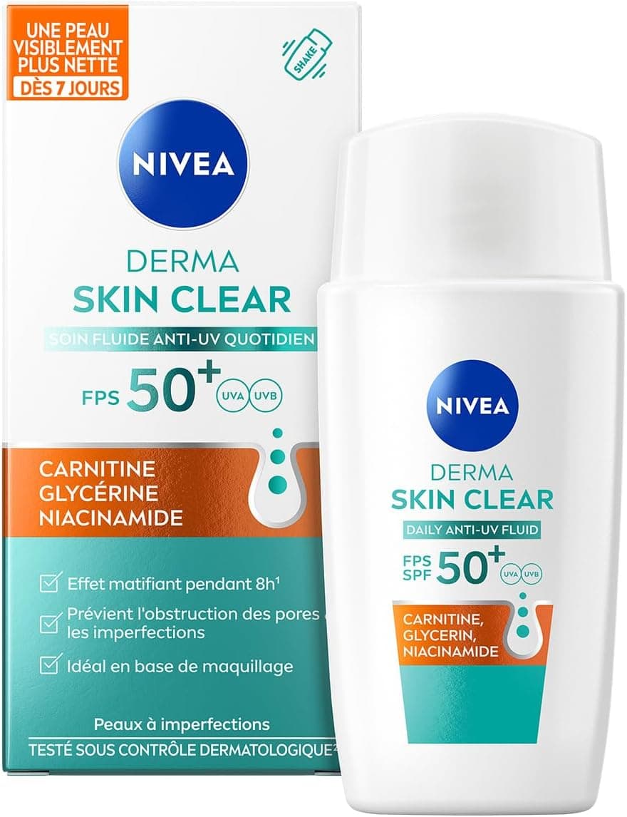 NIVEA - Soin Visage Fluide Anti-UV Derma Skin Clear FPS50+ - Matifie La Peau - Prévient L'Obstruction Des Pores & Les Imperfections - Carnitine, Glycérine & Niacinamide - Peaux À Imperfections - 40 ml - Image 1