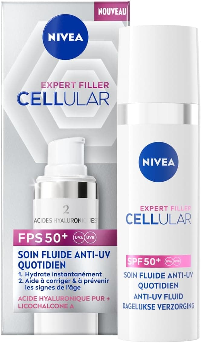 NIVEA Cellular Expert Filler Soin Fluide anti-UV quotidien SPF 50+ (1x 30 ml) — Soin visage enrichi en Acide Hyaluronique pur et Licochalcone A — Fluide Anti-âge hydratant
