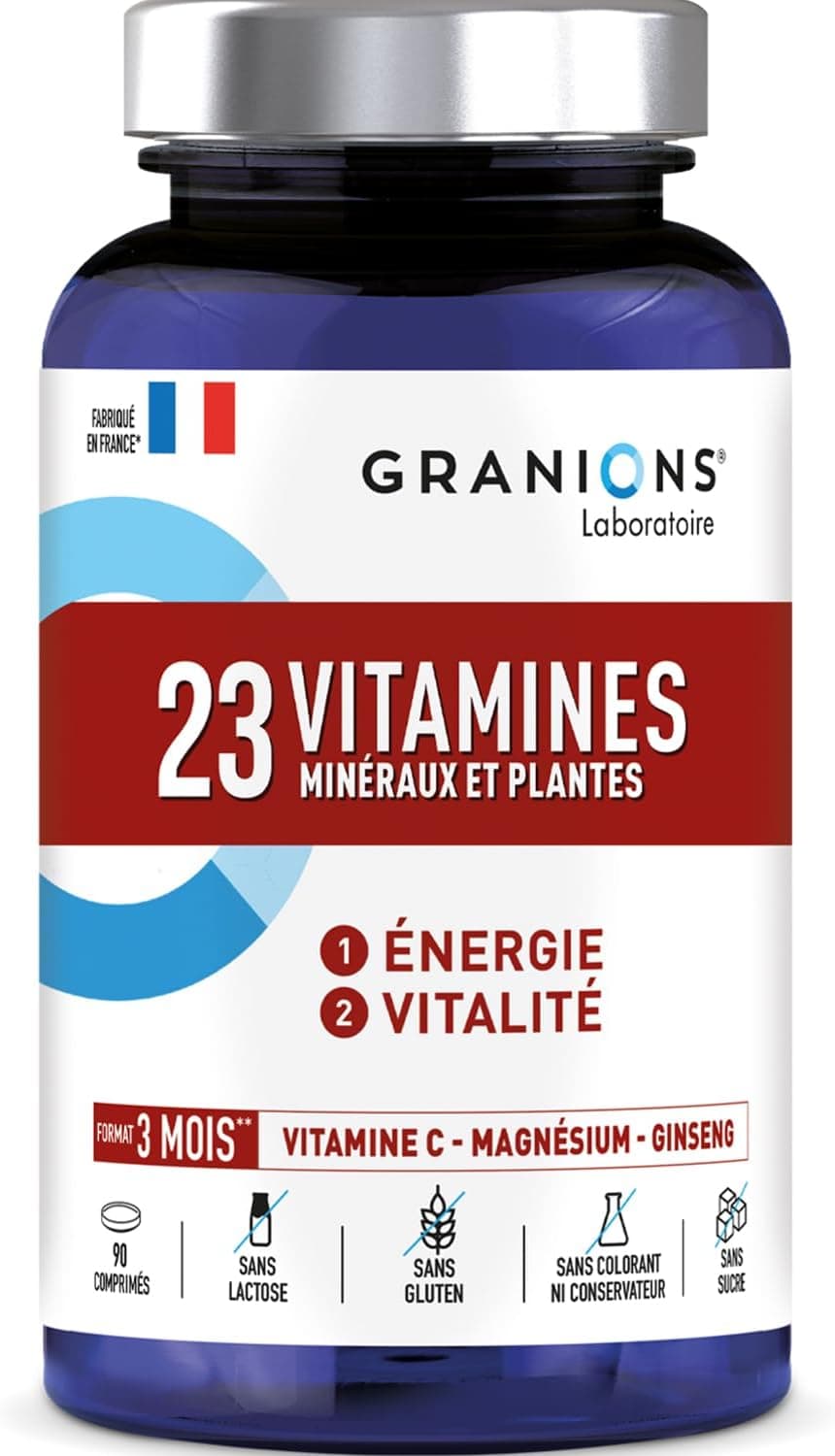 GRANIONS 23 VITAMINS - Magnesium, Vitamin D, Vitamin C, Zinc, Chrome, Ginseng, Selenium, Iodine - Energy & Vitality - Anti Fatigue - 90 Tablets - 3 Months Format - Made in France