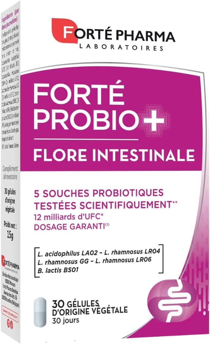 Forté Pharma - Forté Probio+ Intestinal Flora - Food supplement - Probiotic strains, intestinal comfort - Lactobacillus rhamnosus - Gastro-resistant capsules - 30 capsules, 1/day
