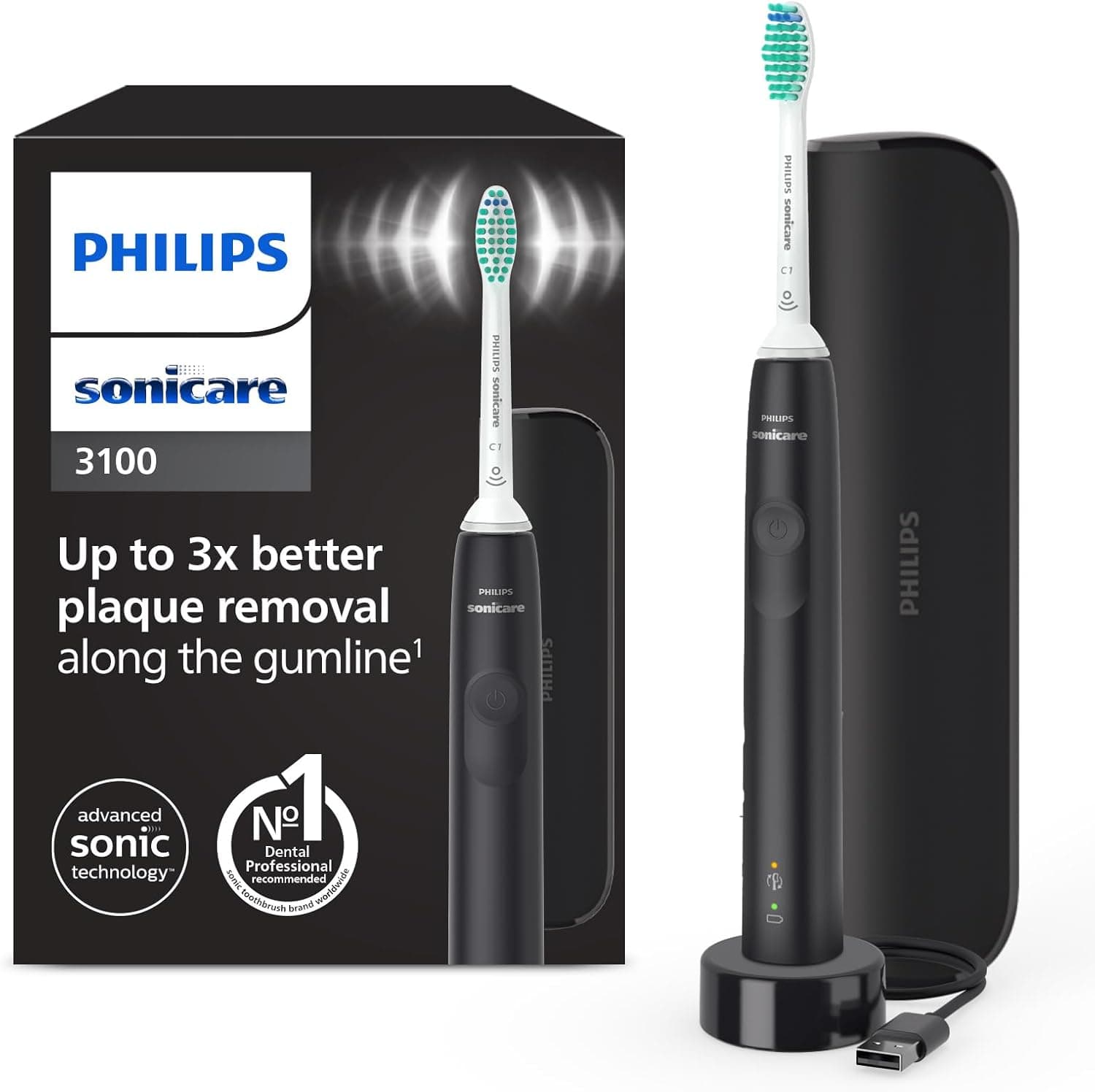 Philips Philips Sonicare 3100, Brosse à dents électrique sonique, capteur de pression et minuterie, étui de voyage, noir, modèle HX3673/14