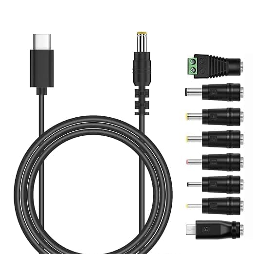 USB-C to DC Power Cable, 8 in 1 USB-C to Universal Power Cable with 8 Plugs for Router, Shaver, TV Box, Philips Hue Hub (1m, Black)