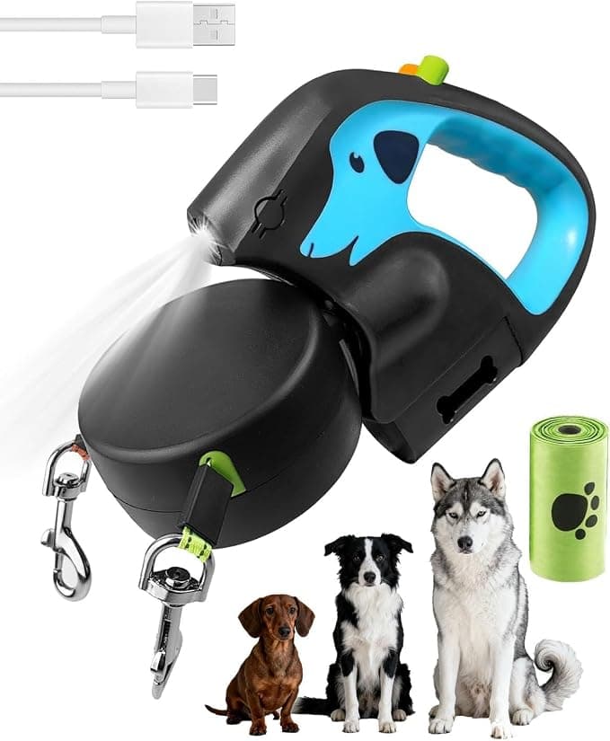Retractable Double Dog Lead, 3 m Retractable Dog Lead with 3 Lighting Modes, 360° Anti-Tangle Nylon Strip, Flexible Lead for Small, Medium and Large Dogs