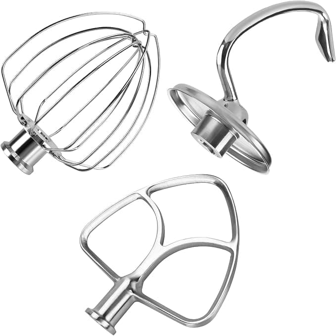 3 Piece Stainless Steel Accessories for KitchenAid 4.5-5 Quart Tilt Head Mixer on Stand Artisan & Classic Series by MMOBIEL - K45 Whisk, Flat Mixer, Dough Hook, Dishwasher Safe - Image 1