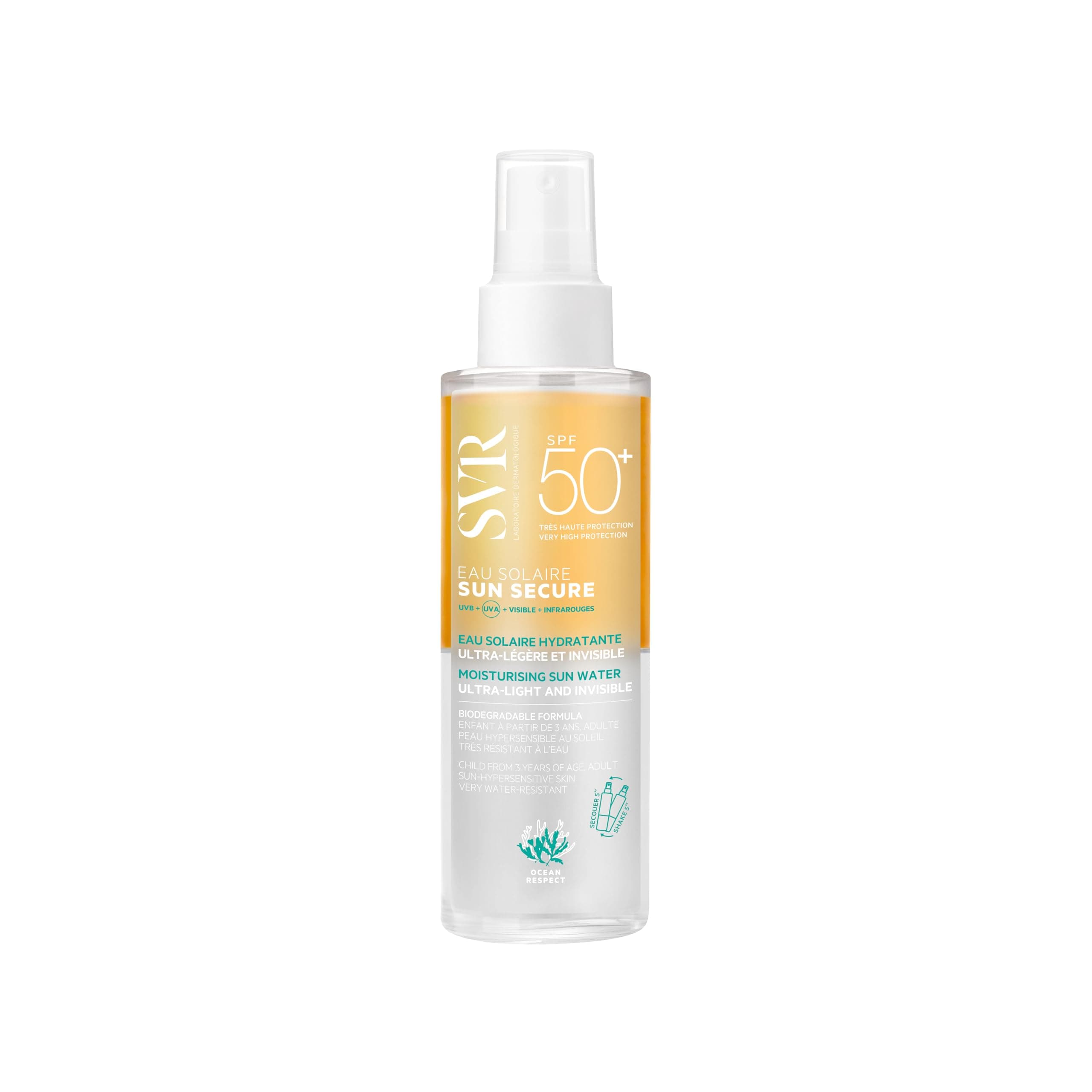 SVR - Sun Secure Solar Water SPF50+ - Two-phase hydrating solar water – Very high UVA, UVB, visible light & infrared protection – Sensitive skin – Niacinamide, Vitamin E – 100 ml - Image 1