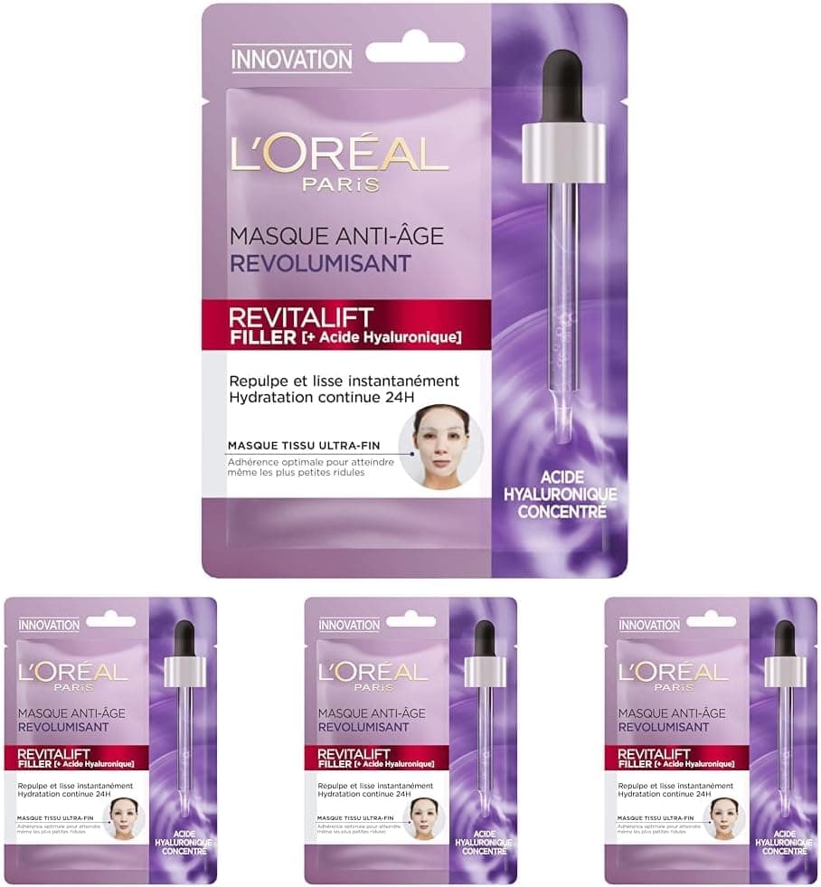 L'Oréal Paris - Masque Tissu Visage au Sérum Anti-Rides Revolumisant - Hydratation 24H - Anti-Age & Repulpant - À l'Acide Hyaluronique Pur - Coton Japonais Ultra-Fin - Revitalift Filler -28 g - Image 1