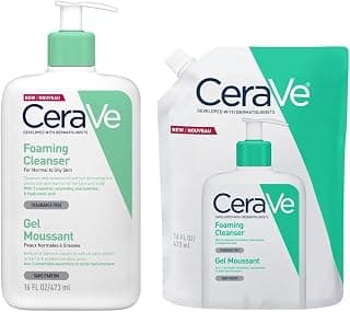 CeraVe Nettoyant moussant avec recharge – Avec acide hyaluronique, niacinamide et 3 céramides essentielles – Gel nettoyant quotidien pour peaux normales à grasses (473 ml + recharge de 473 ml)