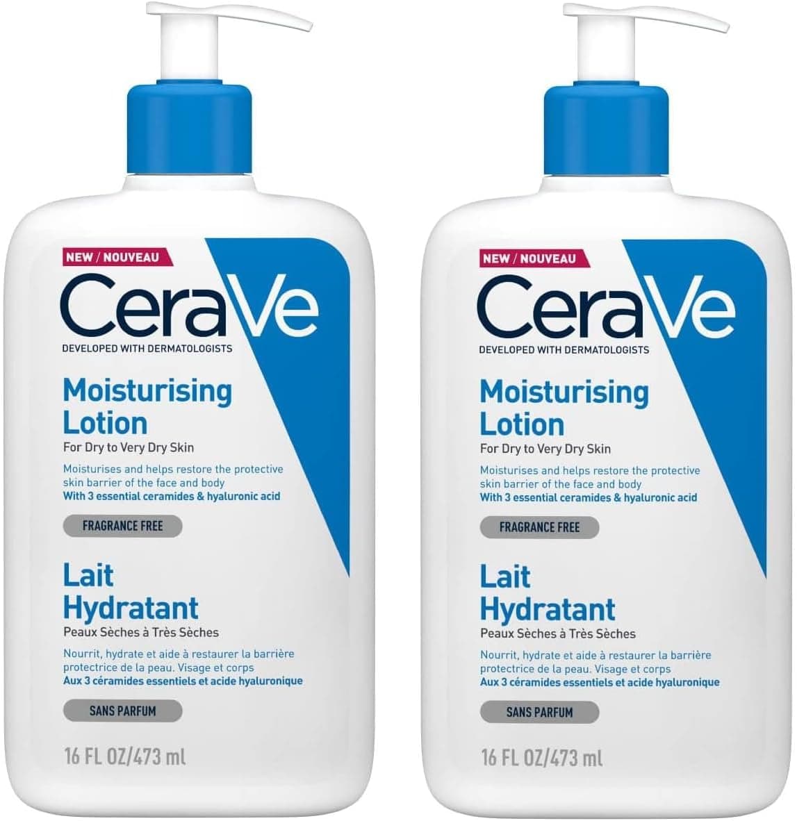 CeraVe Moisturizing Lotion - With Hyaluronic Acid & 3 Essential Ceramides, Light Daily Hydration for Face & Body, Suitable for Dry & Sensitive Skin (2 Pack) 16 oz x 2