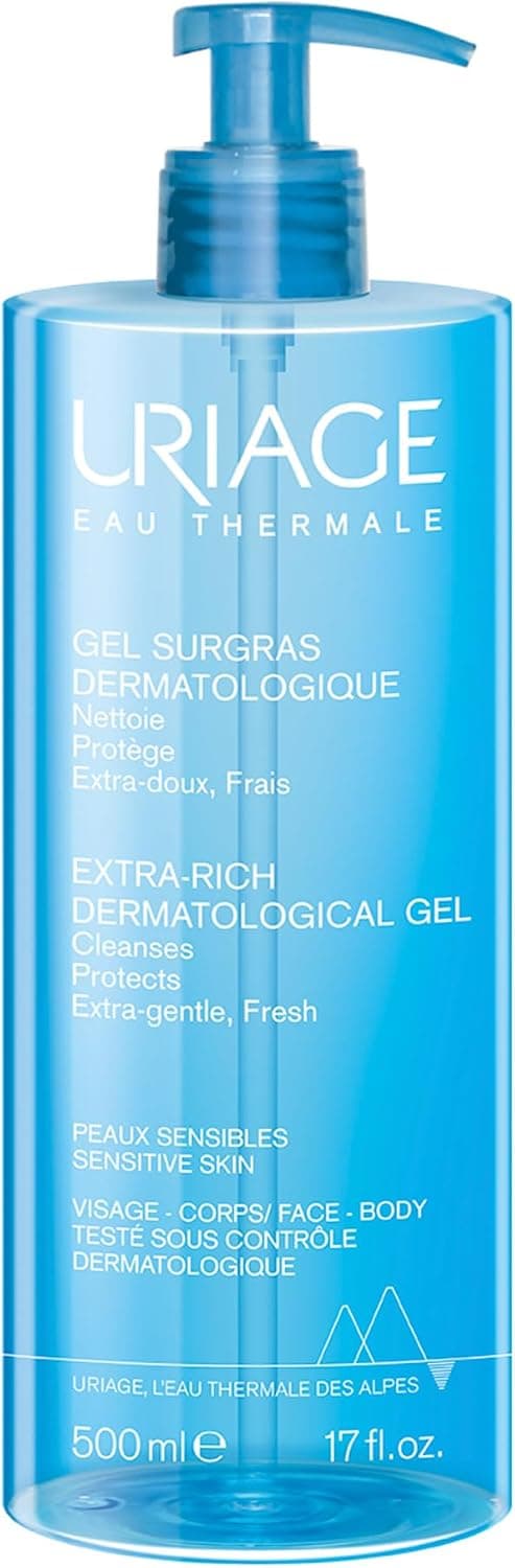 Uriage Gel Surgras Nettoyant Extra-Riche - Peaux Sensibles - Préserve le Film Hydrolipidique de la Peau - Nettoie sans Assécher - Gel Moussant - Visage & Corps - Sans Savon - pH Physiologique - 500ml