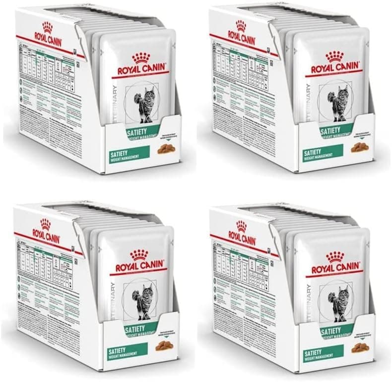 Royal Canin Veterinary Satiety Weight Management | Pack of 4 | 4 x 12 x 85 g | Complete Dietary Food for Cats | for Reducing Overweight | Fine Chunks in Sauce