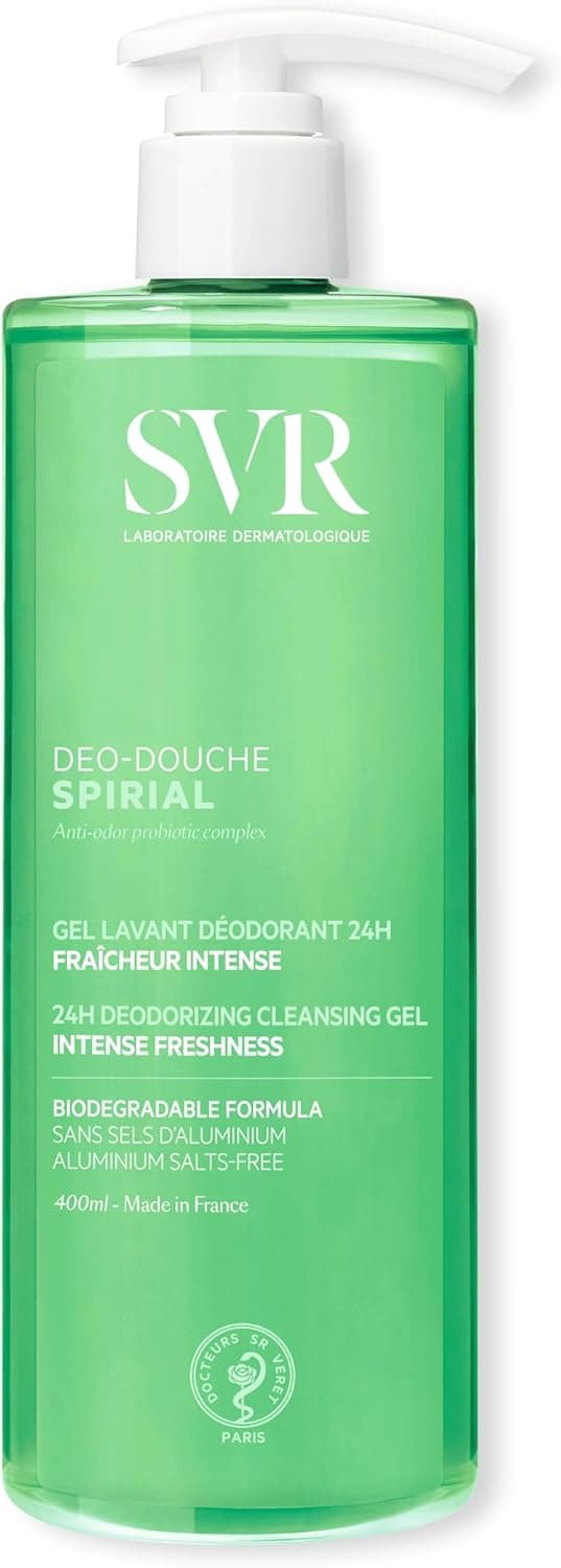 SVR - Spirial Déo-Douche - Gamme Spirial – Gel lavant déodorant 24h – Pour transpiration normale à excessive – Complexe probiotique, glycérine – 400 ml