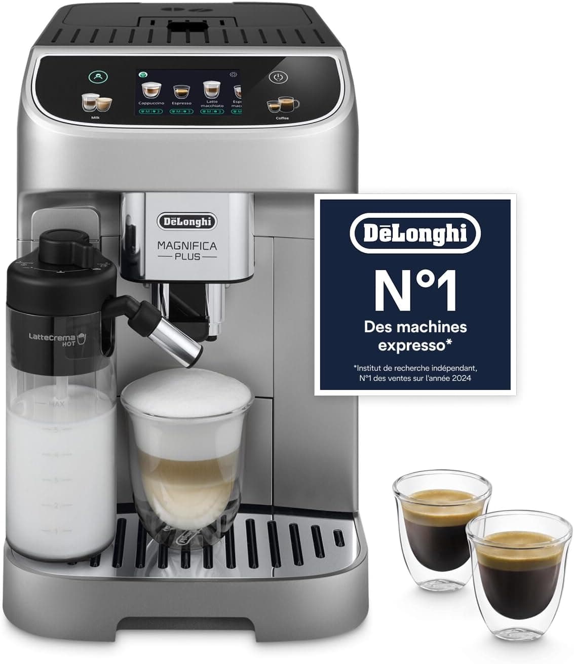 De’Longhi Magnifica Plus - Perfetto Machine à Café Automatique avec LatteCrema Mousseur à Lait Automatique, 18 Boissons en une Seule Touche, Écran Touch Couleurs, Argent et Noir (ECAM322.70.SB)