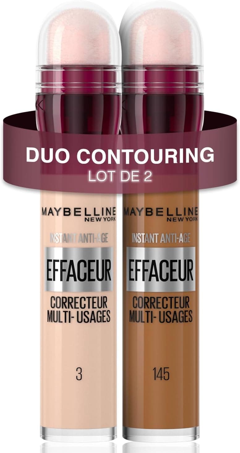 Maybelline New York - Lot de 2 Anti-cernes Fluide - Kit Correcteur & Contouring - Instant Anti-Age L’Effaceur - Teintes : Clair (03) & Olive Doré (145) - 2x 6,8 ml
