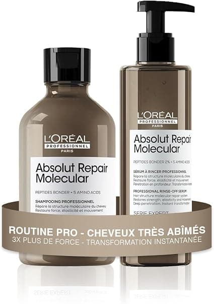 L'Oreal Professionnel Absolut Repair Molecular Routine for Very Damaged Hair - Softness, Shine & Flexibility - 5x + Strength & Instant Transition - Shampoo (300 ml) + Serum (250 ml)